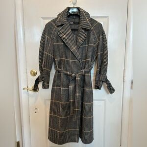 Zara  Belted Plaid Coat Size S Brown Pockets Trench Long